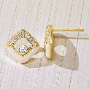 CZ and Champagne Enamel Stud Earrings in Yellow Gold Plated 925 Sterling Silver